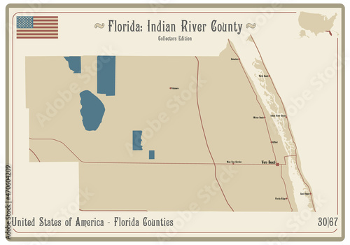 Map on an old playing card of Indian River county in Florida, USA. photo