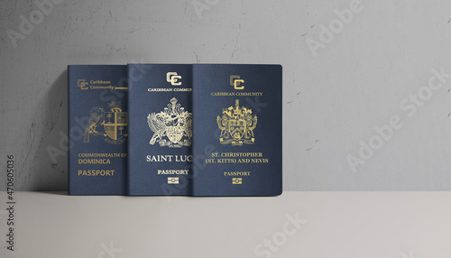 Caribbean passports, Saint Kitts and Nevis, Saint Lucia, Dominica, on a wall