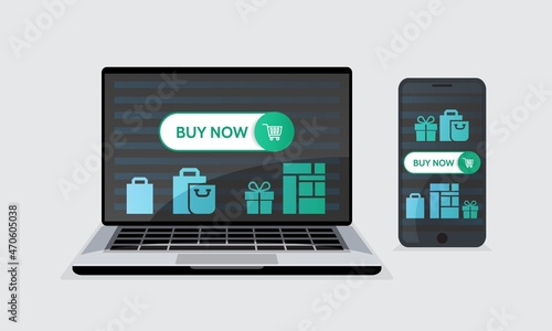 Online shopping, commerce. button on computer screen buy now. Concept Vector illustration. design element
