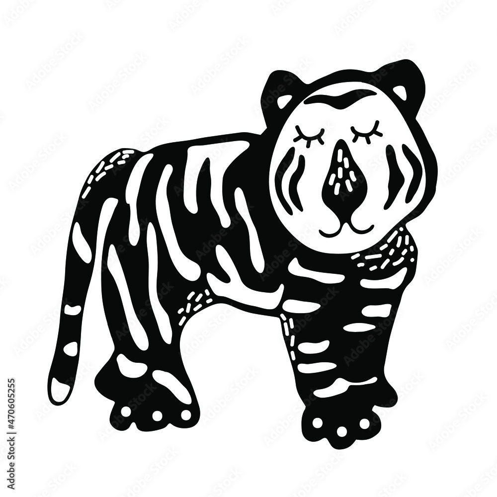 Fototapeta premium Cute cartoon hand drawn tiger for the design in scandinavian style. Black and white. Perfect for childish print, t-shirt, apparel, cards, poster, nursery decoration. Vector Illustration
