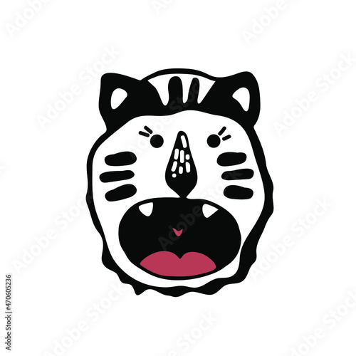 Portrait of cute cartoon hand drawn tiger for the design in scandinavian style. Black and white. Perfect for childish print  t-shirt  apparel  cards  poster  nursery decoration. Vector Illustration