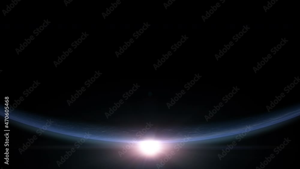 Sun rise above Earth as view from space with vibrant blue atmosphere and cloudy sky showing continents below Sun rise above Earth as view from space with vibrant blue atmosphere and cloudy sky showing continents below