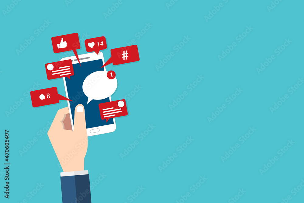 Social Media , Viral content, social media marketing and social media activity - likes, shares and comments popping up on the mobile screen Social Media , Viral content, social media marketing and social media activity - likes, shares and comments popping up on the mobile screen