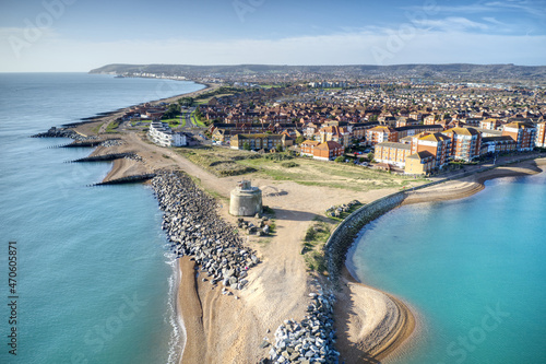 Martello Tower number 66 built in 1800s to protect against the threat of Napoleonic forces and later as Gun Towers during WW2 near Eastbourne at the entrance to Sovereign Harbour,  Aerial view.