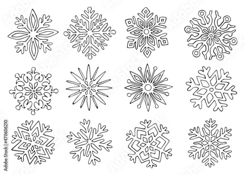 Thin line doodle snowflakes set. Ice crystal hand drawn. Vector collection of frosty pattern. Winter snow ornament. Christmas illustration isolated on white background.