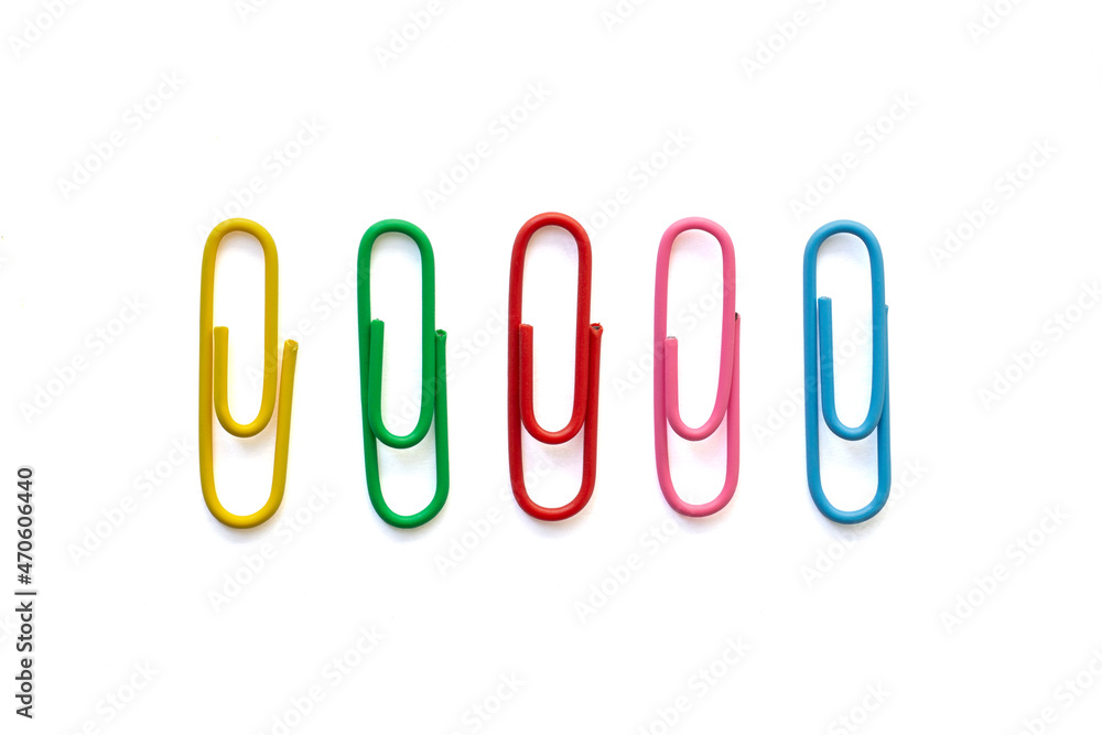 Top view of Colorful paper clips isolated on white background included clipping path. Top view of Colorful paper clips isolated on white background included clipping path.