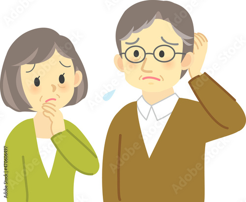 イラスト素材:老夫婦が向かい合って困った表情で思い悩む場面 頭を掻く動作をするおじいさん 
