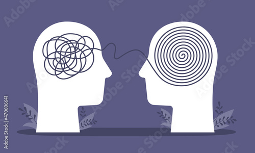 Psychologist consulting or mental problem solving brainstorm concept. Human heads with tangled chaos disorder turns into order line, finding solution. Coach, mentoring psychotherapy. Complex to simple