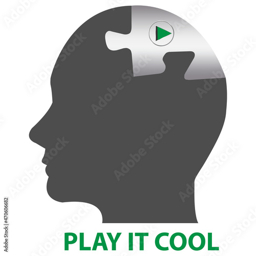 Abstract vector showing silhouette of the head of man with button play on a metallic piece of puzzle isolated on the white background.