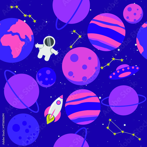 vector space pattern. flat illustration of pattern with astronaut, planets, stars.