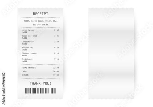 Receipt or bill realistic template. Paper payment check blank. Supermarket or shop purchase cheque. Vector illustration.