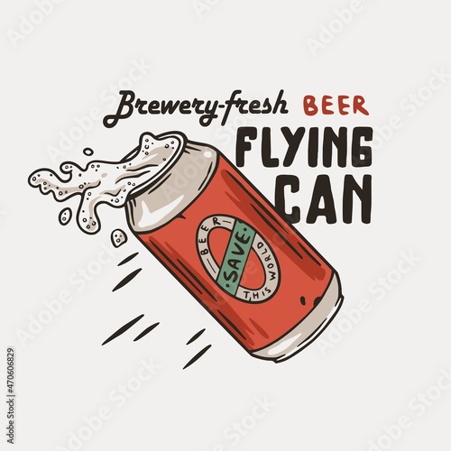 Flying beer can with foam for print. Original brew design with tin of beer with froth for bar