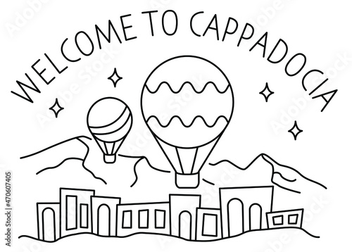 Monolinear illustration of balloons with the text "Welcome to Cappadocia"