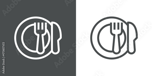 Logotipo restaurante. Icono con silueta de tenedor y cuchillo en un plato con líneas en fondo gris y fondo blanco
