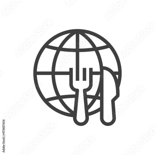 Restaurante comida internacional. Banner con globo terráqueo con cubiertos con líneas en color gris