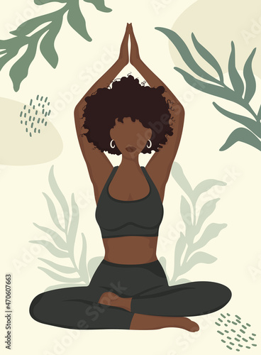 Curly African American woman doing yoga, yoga pose. Faceless style.