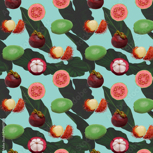 delicious appetizing exotic fruits seamless pattern with lychee, guava, mangosteen, tropical leaves