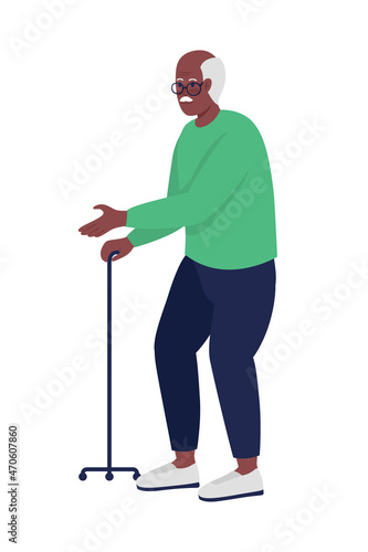Elderly man walking semi flat color vector character. Posing figure. Full body person on white. Grandfather with stick isolated modern cartoon style illustration for graphic design and animation