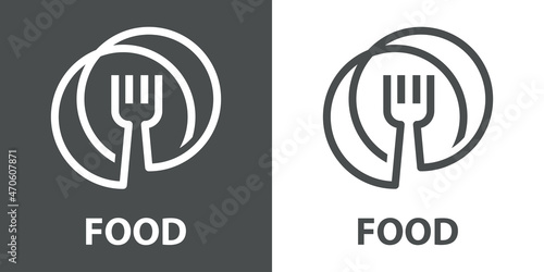 Banner con texto Food con tenedor en círculos enlazados con líneas en fondo gris y fondo banco