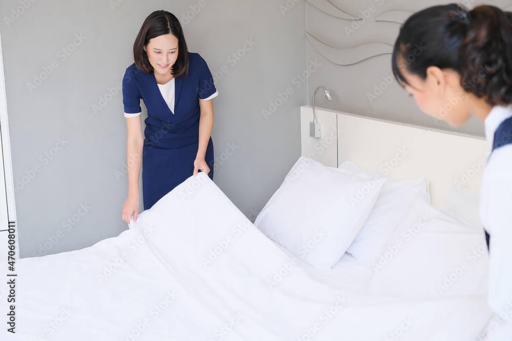 Fototapeta premium Two Asian women housekeeping and cleaning concept