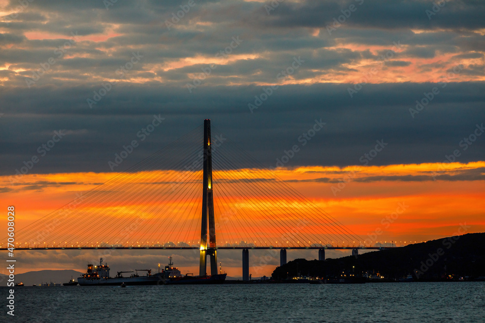 Russian bridge across the Eastern Bosphorus Strait in Vladivostok. Cable-stayed bridge in Vladivostok at dawn.