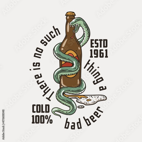 Beer bottle with snake for print. Original brew design of bottle of beer with serpent for bar