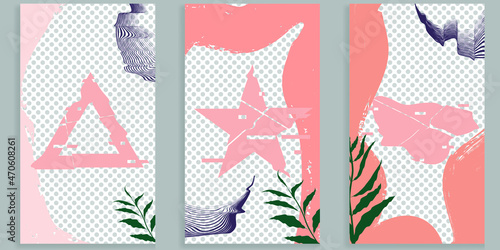 Social media covers with simple design elements . Boho style . Leaves . Post frame stories templates.  Layout for promotion .Media banner .Vector