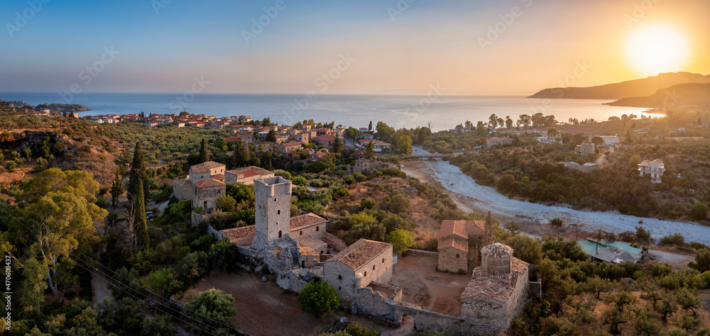 Panoramic aerial view of the old town of Kardamyli during a warm summer sunset, Lakonia, Mani, Greece