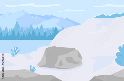Winter hills flat color vector illustration. Cold season hillslides with snow. Scenic mountains. Panoramic view on land. Wintertime 2D cartoon landscape with frozen lake on background