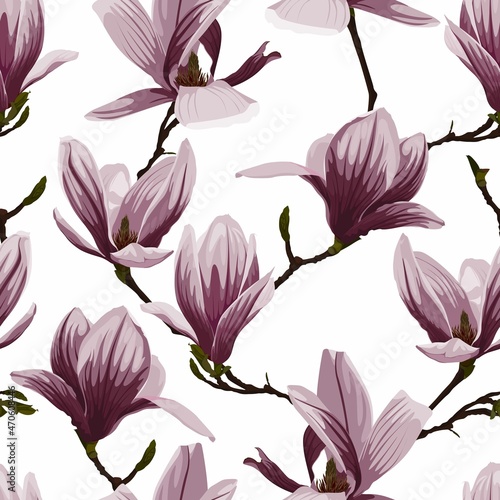 Seamless floral pattern with violet tropical magnolia flowers branch on white background. Template design for textiles  interior  clothes  wallpaper. Botanical art. Engraving style.