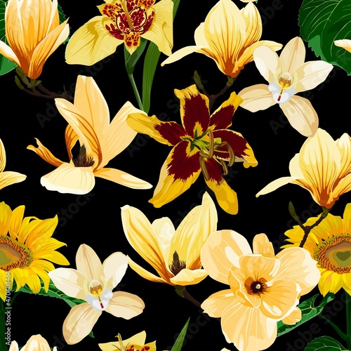 Seamless floral pattern with yellow tropical magnolia  lilies  orchid flowers on black background. Template design for textiles  interior  clothes  wallpaper. Botanical art. 