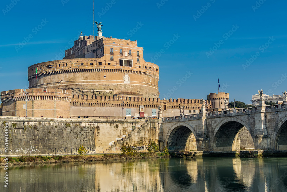 Castel Sant'Angelo (Castle of the Holy Angel) and Ponte Sant'Angelo (Bridge of Hadrian) on Tiber river  in Rome, Italy