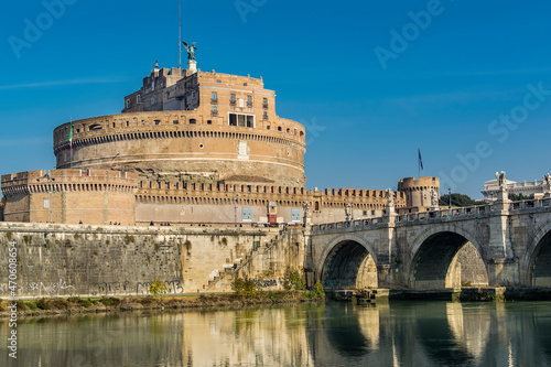 Castel Sant'Angelo (Castle of the Holy Angel) and Ponte Sant'Angelo (Bridge of Hadrian) on Tiber river in Rome, Italy