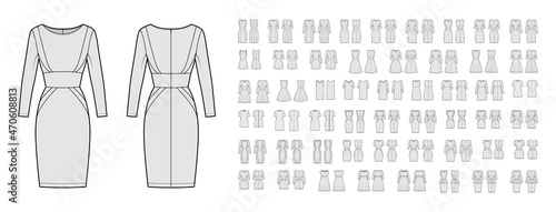 Set of Dresses casual technical fashion illustration with long short elbow sleeves, oversized fitted body, knee mini length skirt. Flat apparel front, back, grey color. Women men unisex CAD mockup