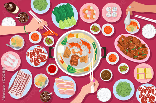 Top view of people eating Thai style BBQ, Vector Illustration