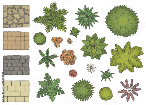 Landscape architect design element set graphic color top sketch aerial view isolated illustration vector 