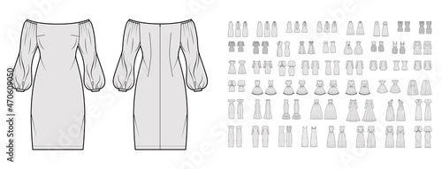 Set of Dresses evening wedding technical fashion illustration with tube off-the-shoulder neckline, knee mini maxi midi length skirt. Flat apparel front, back, grey color style. Women unisex CAD mockup