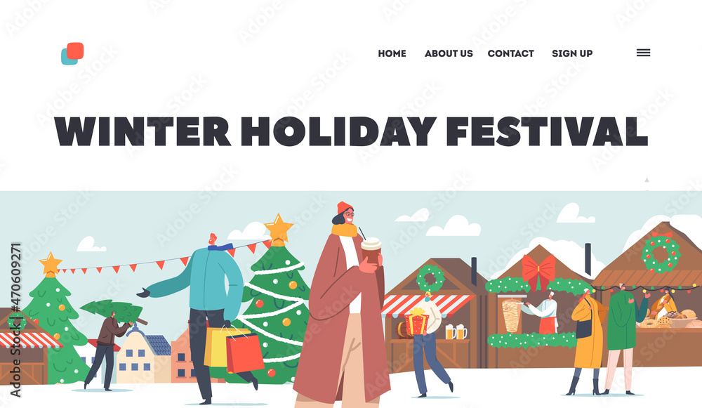 Winter Holiday Festival Landing Page Template. Happy People on Christmas Market. Men and Women Buying Gifts and Tree