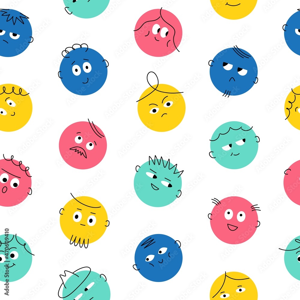 Obraz premium Round abstract comic face seamless pattern. Cute funny background with circle hand drawn emoticon elements for kids. Vector art