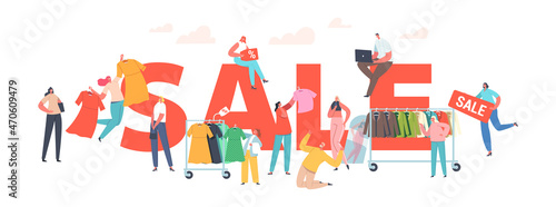Sale Concept. Buyers Female Characters at Seasonal Discount Cheerful Shopaholic Girls Grab Apparel from Store Hangers