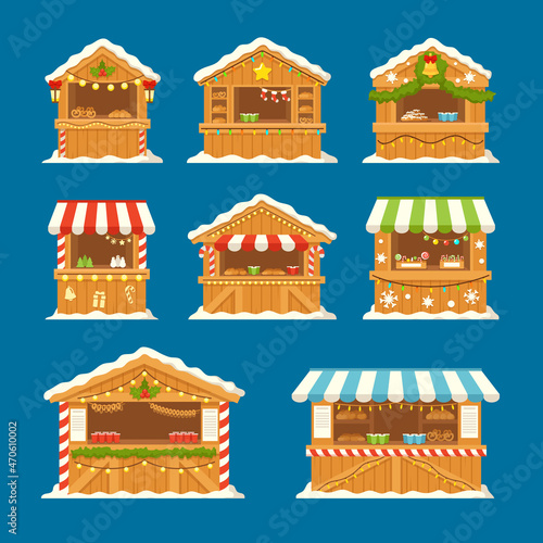 Set Christmas Market Stalls with Food, Sweets and Hot Drinks. Xmas Wooden Souvenir or Bakery Kiosks, Winter Houses