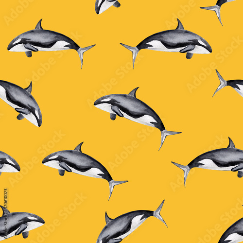 Killer whale watercolor seamless pattern. Template for decorating designs and illustrations.