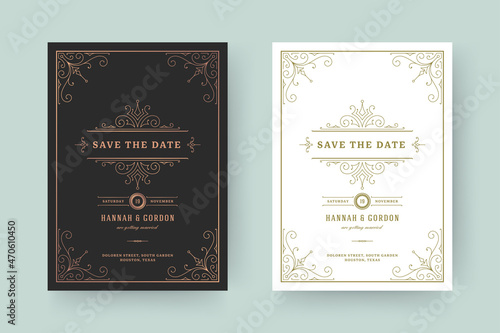 Wedding invitation save the date card template elegant flourishes ornaments vignette swirls vector illustration.