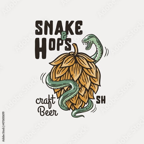 Beer hop with snake for print. Original brew design of hop with serpent for bar