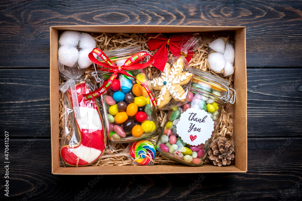 Handmade care package, seasonal gift box with candies, gingerbread, xmas decor Personalized eco friendly basket for family, friends, girl for thanksgiving, Christmas, mothers, fathers day Flat lay