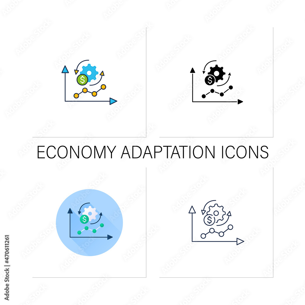 Economy adaptation icons set. Positive changes, new development, better technology.Changes in business.Collection of icons in linear, filled, color styles.Isolated vector illustrations