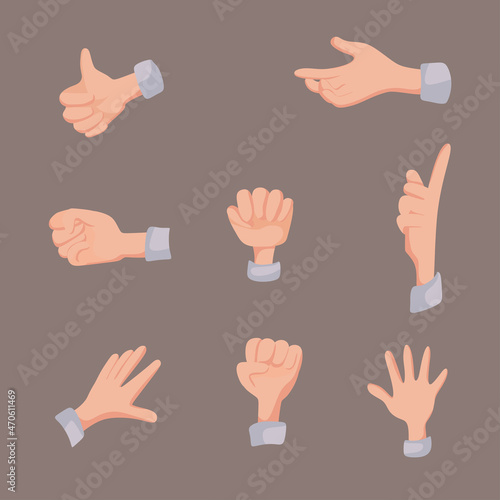 Collection of hands showing different hand gestures. Gesturing: fist, palm, finger up, index. Vector cartoon illustration.