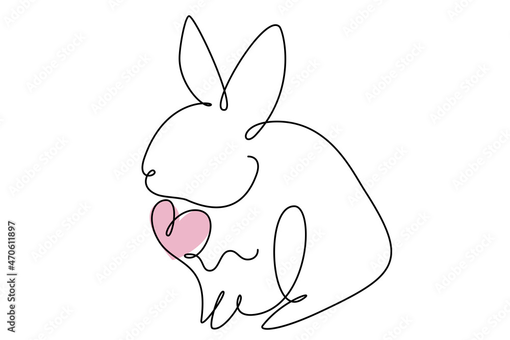 Easter bunny with heart continuous one line drawing. Rabbit simple image. Minimalist vector illustration. Easter bunny with heart continuous one line drawing. Rabbit simple image. Minimalist vector illustration.