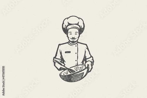 Positive male chef with mustache holding bowl with salad hand drawn stamp effect vector illustration.