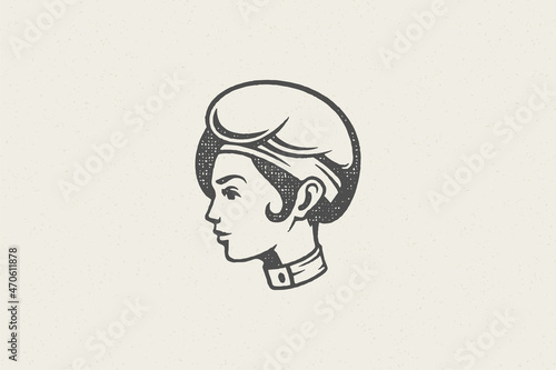 Woman head in traditional chef cap silhouette work in kitchen hand drawn stamp effect vector illustration.